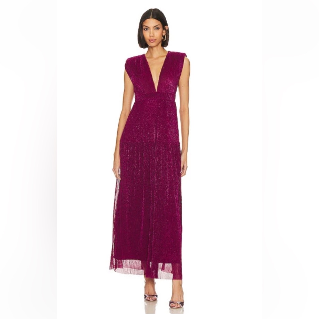 Nwt $328 Karina Grimaldi Revolve Mernet Hot Pink Magenta Maxi Shoulder Pad Dress